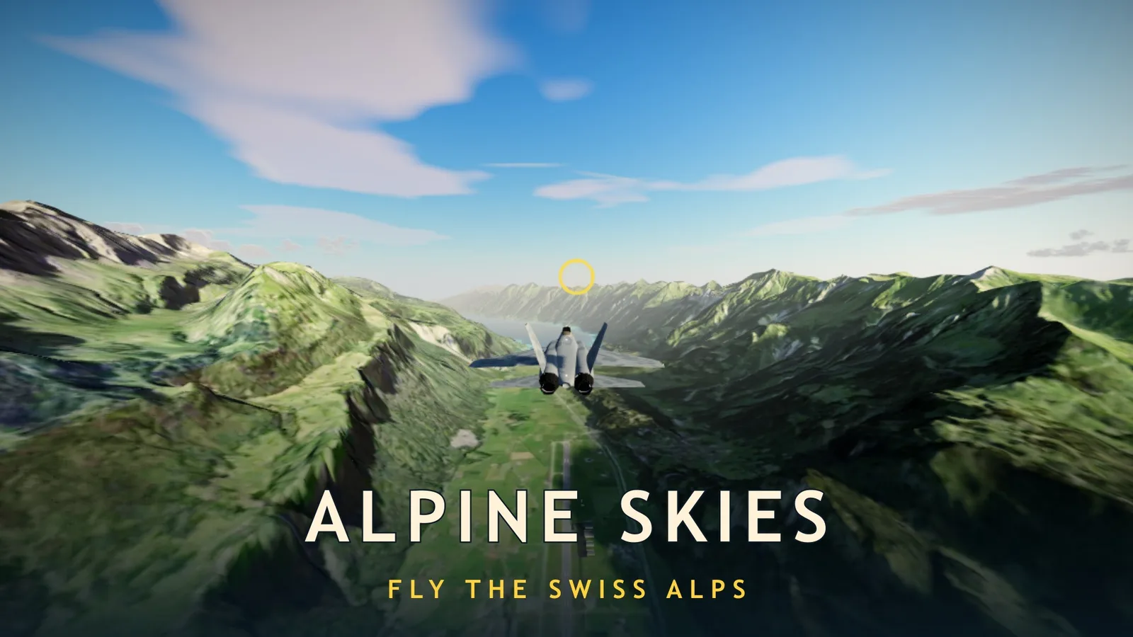 Alpine Skies key art: a jet flying down a green Swiss valley toward a ring