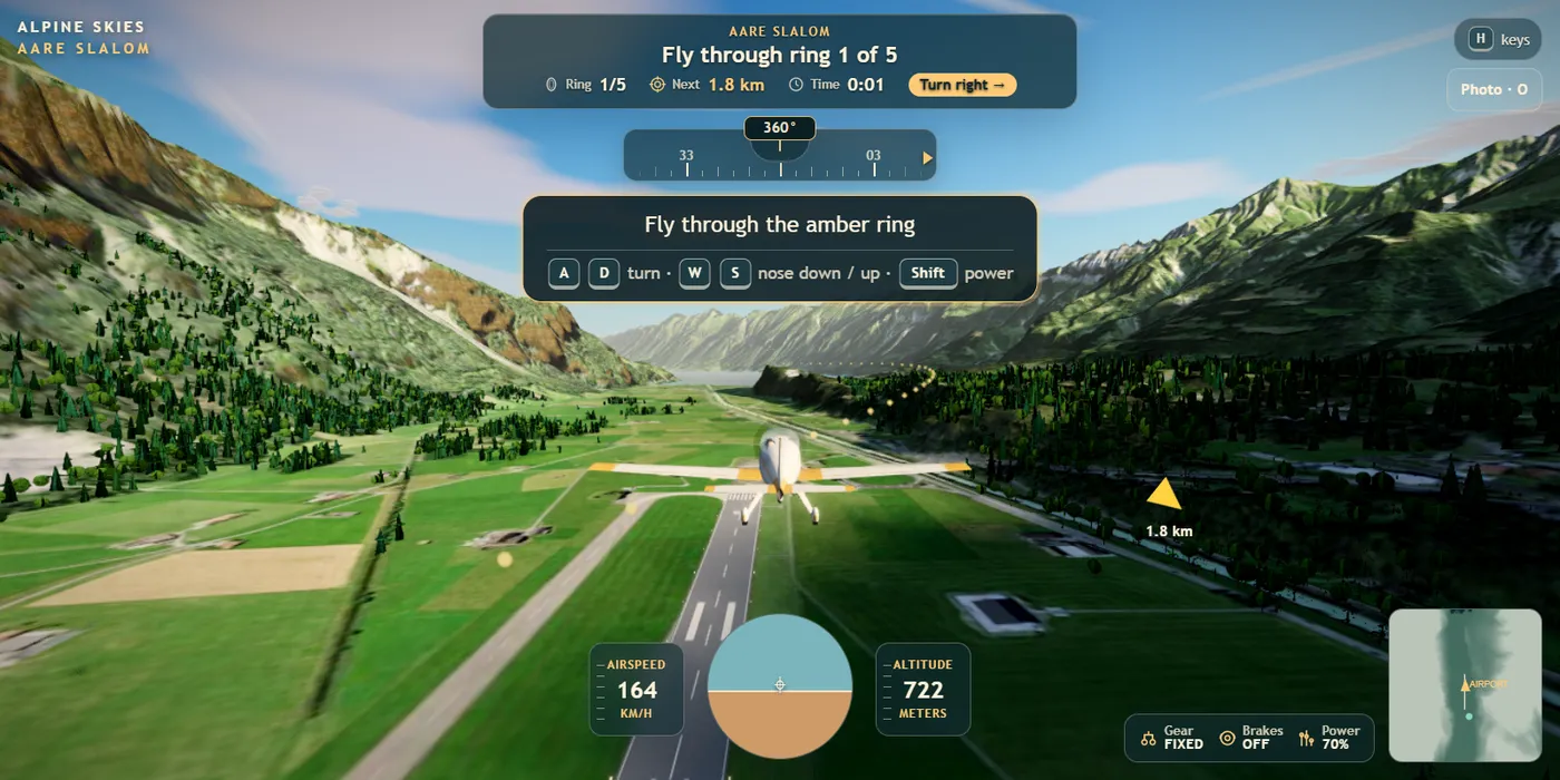In flight: the objective, distance to the next ring and the keys to press