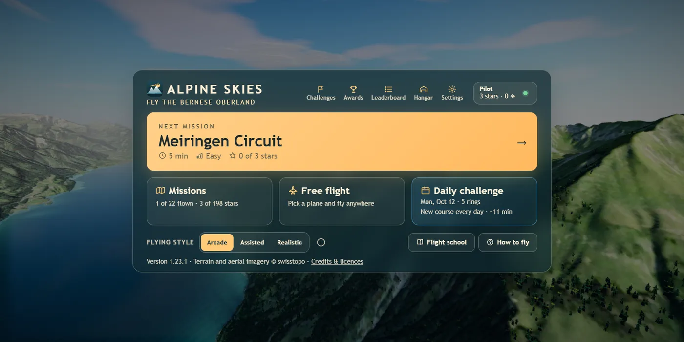 Home screen: the next mission, missions, free flight, a daily challenge and the flying style