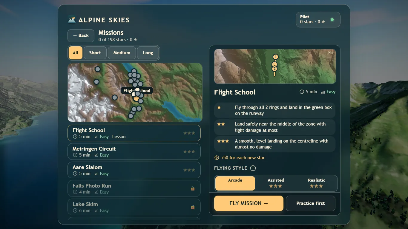 Missions on a terrain map, filtered by length, with star goals