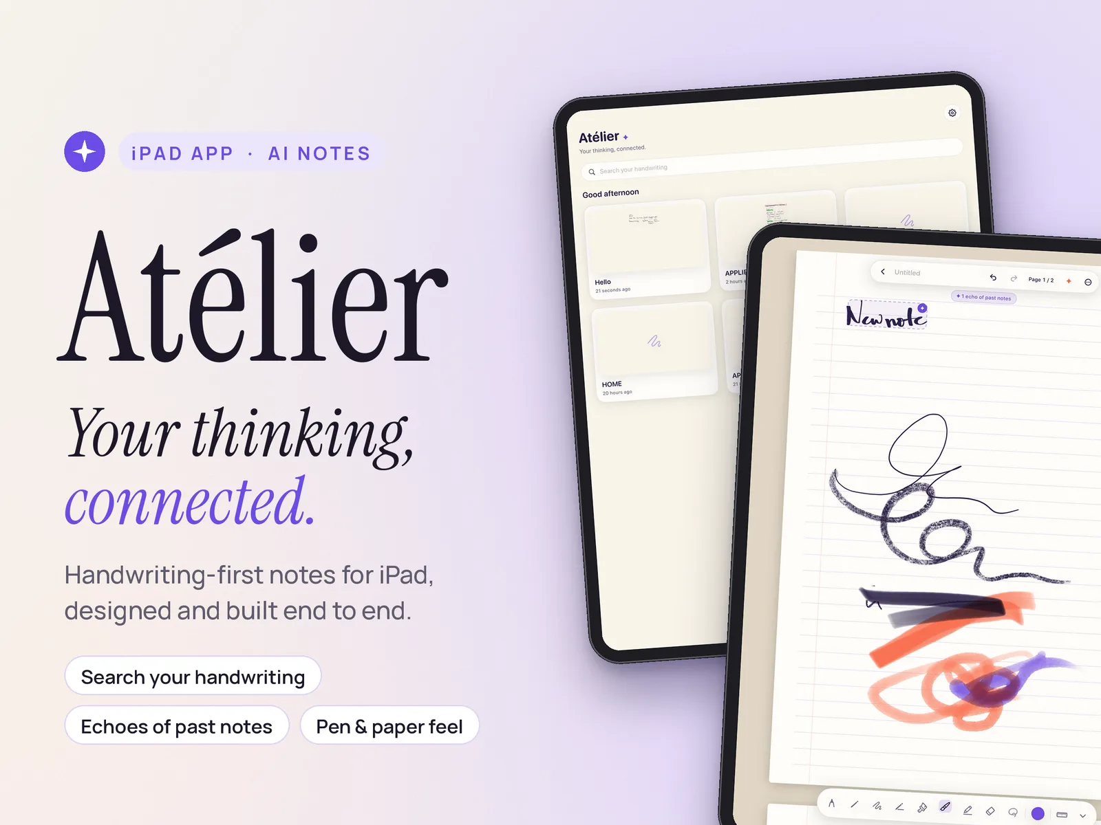 Atélier on two iPads: the note library with handwriting search, and a page of handwritten ink